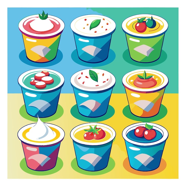 Vector nine colorful containers of yogurt with various toppings