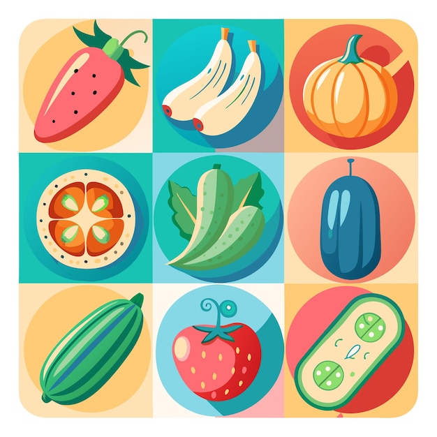 Nine colorful icons depicting different fruits and vegetables