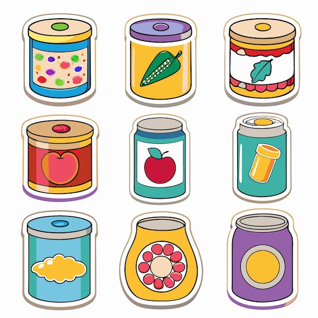 Nine colorful sticker icons of various food cans