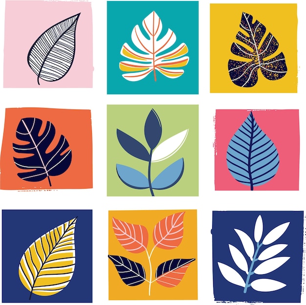 Nine colorful stylized leaf illustrations arranged grid contrasting color block background