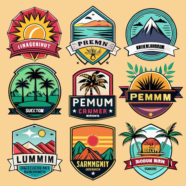 Nine colorful summer themed badges with text and illustrations