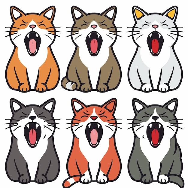 Nine cute cartoon cats yawn displaying different fur colors Illustrated felines express