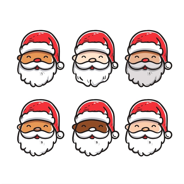 Nine diverse Santa Claus faces displayed three rows Santa wears red hat has fluffy white beard