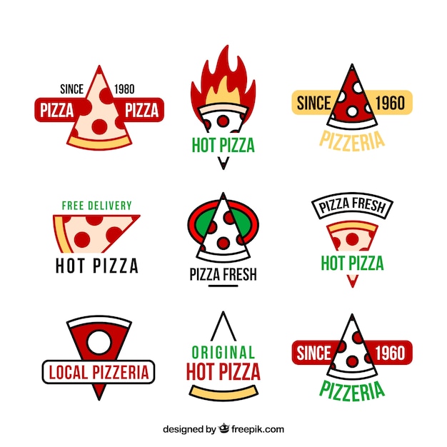 Nine logos for pizza on a white background  