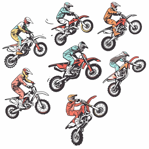 Nine motocross riders performing various stunts dirt bikes rider wears full gear helmet