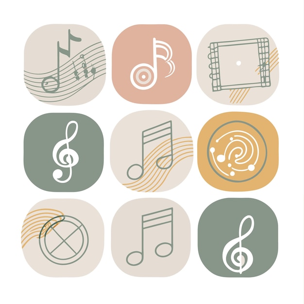 Vector nine music note icons in various abstract geometric shapes and designs