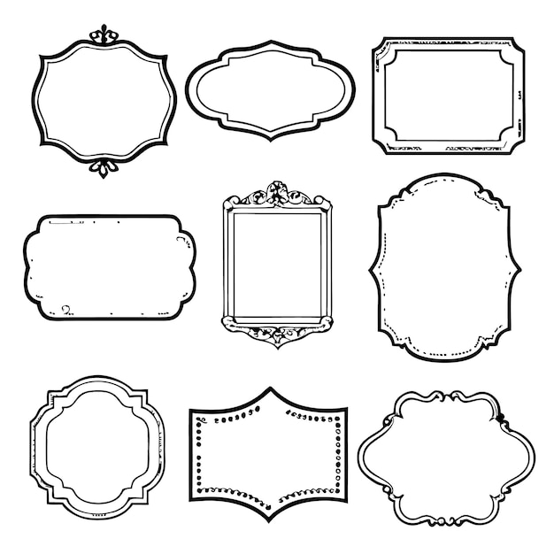 Nine ornate black and white frames with a white background