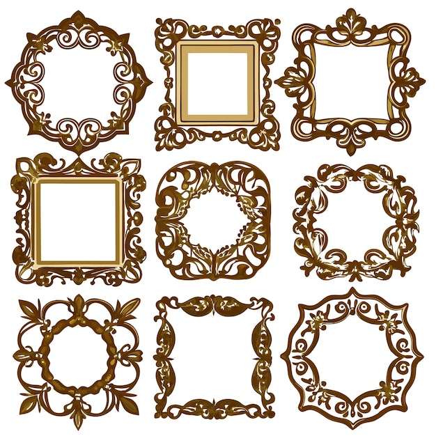 Vector nine ornate decorative gold picture frames isolated on white