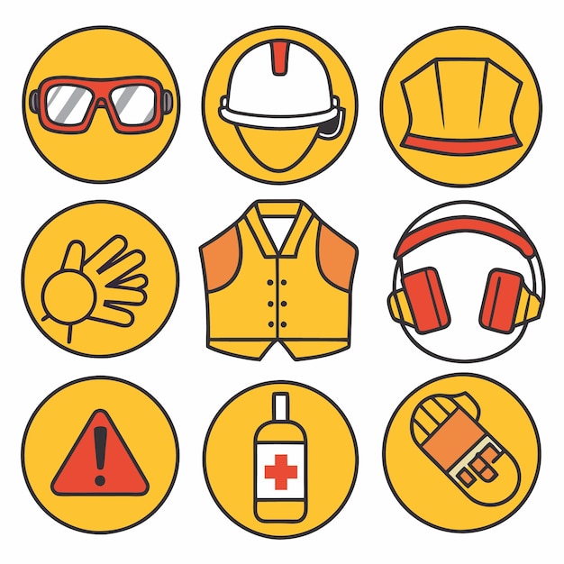 Nine safety icons with a yellow and orange theme