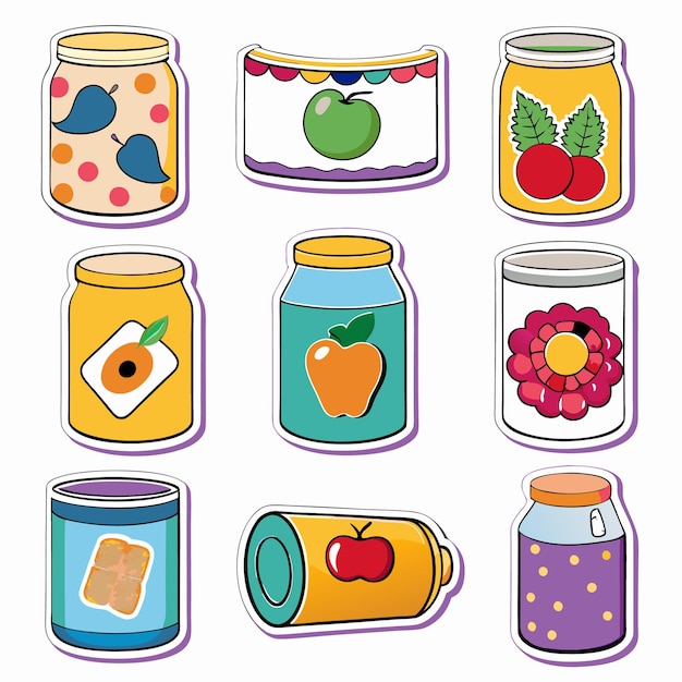 Vector nine stickers of jars with different fruits on them