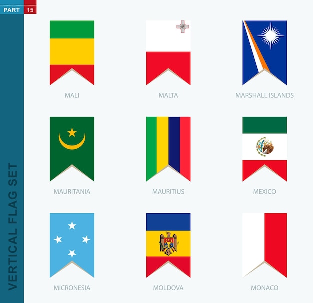 Nine vector vertical flag set Vertical icon with flag of Mali Malta Marshall Islands Mauritania Mauritius Mexico Micronesia Moldova Monaco