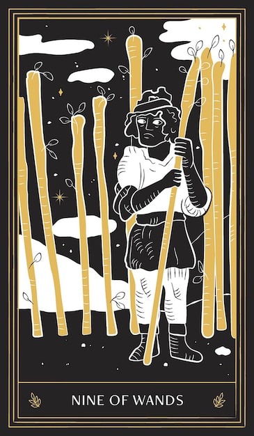 Nine of Wands Tarot Card in Minor Arcana with Black Gold and White Hand Drawn Vector Doodle