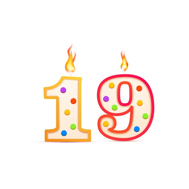 Nineteen years anniversary, 19 number shaped birthday candle with fire on white