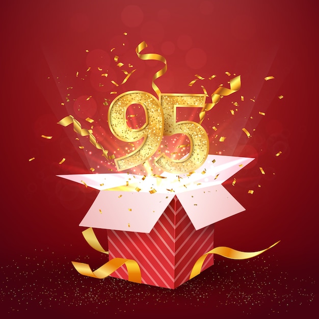 Ninety five years number anniversary and open gift box with explosions confetti isolated design element