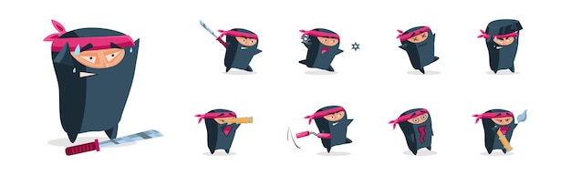 Ninja funny warrior character in samurai costume vector set