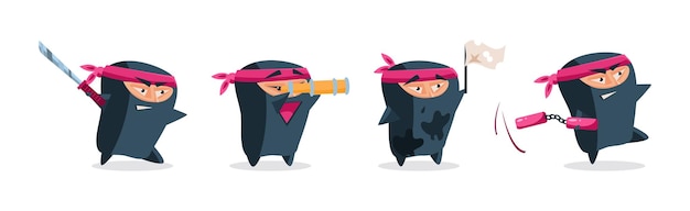 Ninja funny warrior character in samurai costume vector set