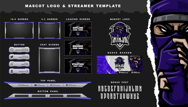 Ninja mascot logo and twitch overlay template Premium Vector