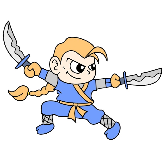 A ninja practicing using two sharp swords, doodle icon image. cartoon caharacter cute doodle draw