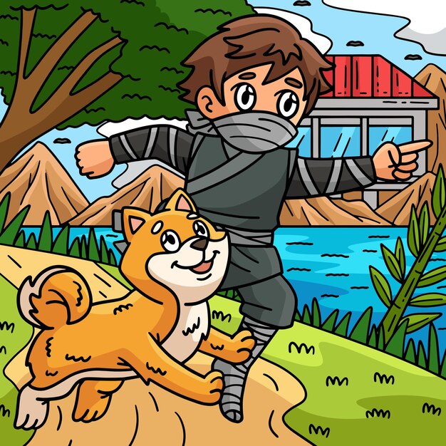 Ninja and Shiba Inu Colored Cartoon Illustration