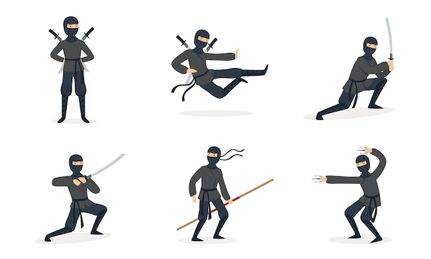 Ninja shows tricks Set of vector illustrations