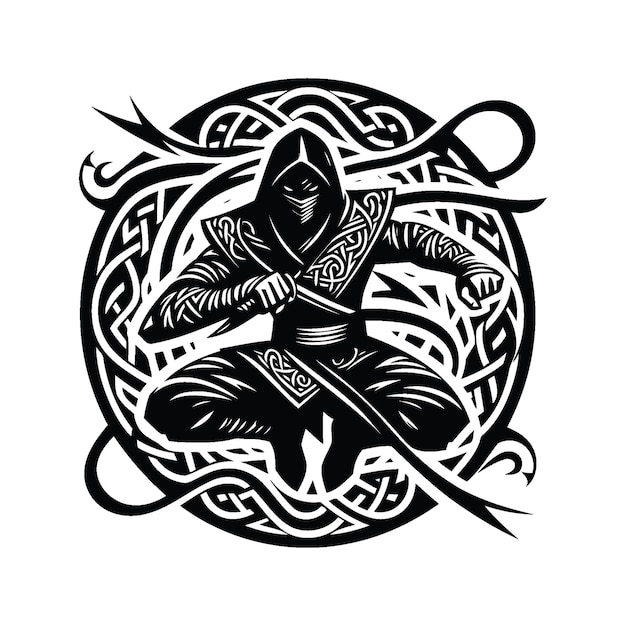 ninja in silhouete with celtic knot pattern illustration