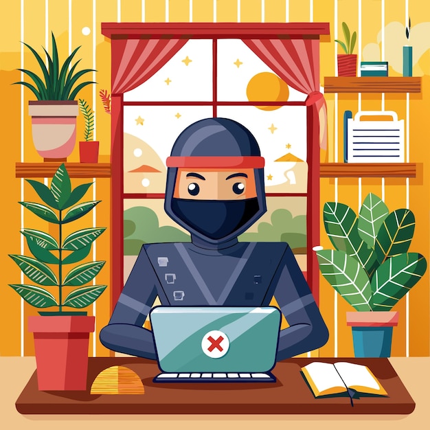 A ninja using a laptop in a cozy indoor setting