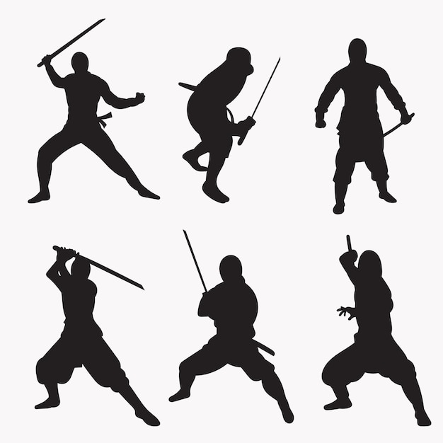 Ninjas in various fighting poses silhouette