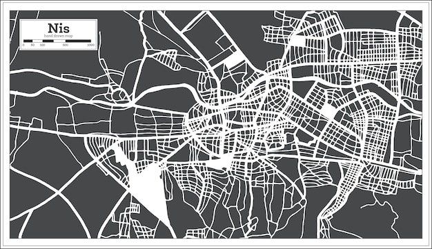 Nis Serbia City Map in Black and White Color in Retro Style Isolated on White