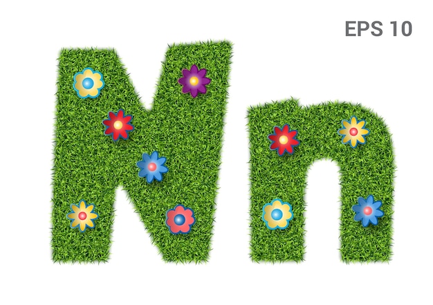 Nn  capital and capital letters of the alphabet with a texture of grass Moorish lawn with flowers