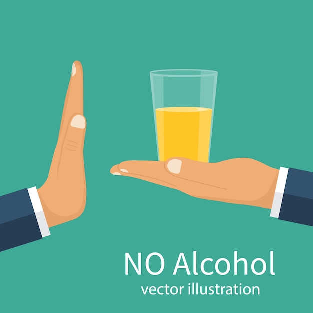 No alcohol The man offers to drink holding a glass in the palm of your hand Stop alcohol Hand gesture rejection Vector illustration flat design Isolated on background