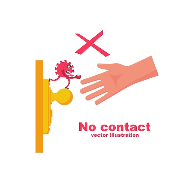 No contact concept. Precautions coronavirus covid-19. Virus bacterium on a dirty doorknob. Safety, antibacterial methods of combating diseases. Vector cartoon design. Danger of disease.