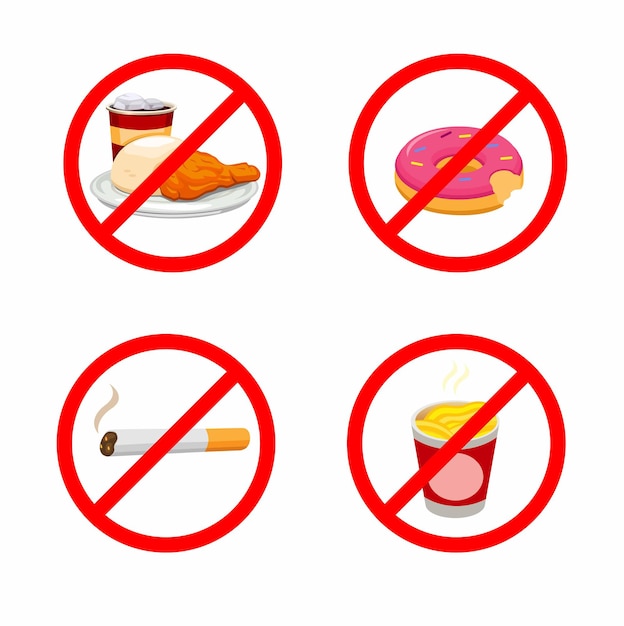 No junkfood and smoking for dieting and fasting activity symbol set.