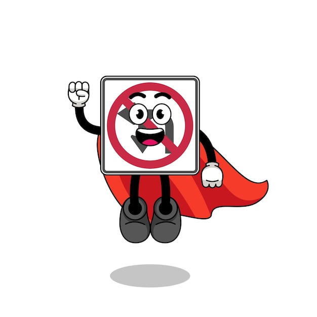 No left or U turn road sign cartoon with flying superhero