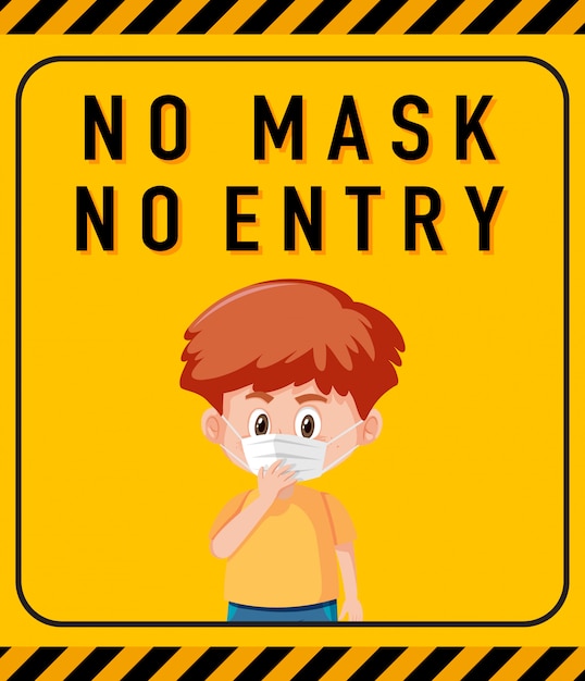 No mask no entry warning sign with cartoon character