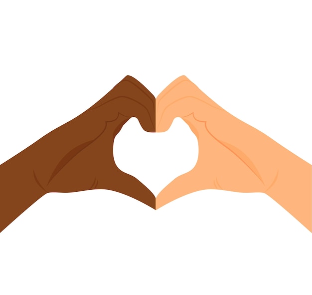 No to racism Heart shape with hands Friendship between people Stop discrimination Black and white skin Hands of love Together against racism Symbol of love Isolated work Vector