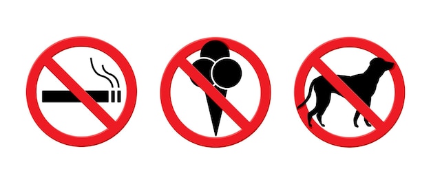 No smoking no eating no dogs prohibited signs isolated on white background red forbidden circle vector stickers for public area