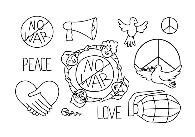 Vector no war set drawing in doodle style contour antiwar illustration protesting people peace symbol dove