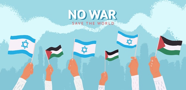 No war vector illustration peaceful meeting israel and palestine people holding national flags in