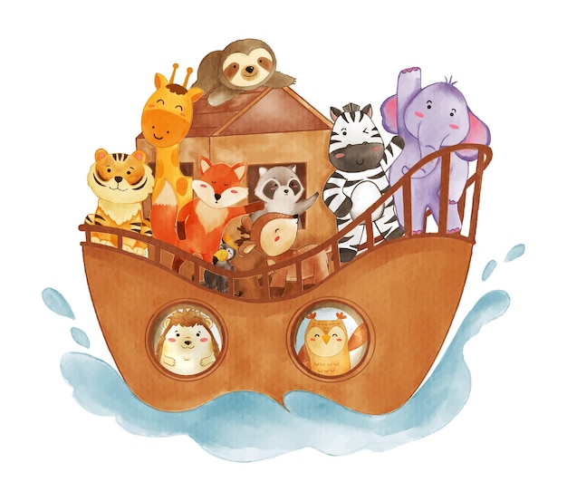 Noah 's ark with many wildlife animals The flood concept Realistic watercolor paint with paper textured Cartoon character design Vector