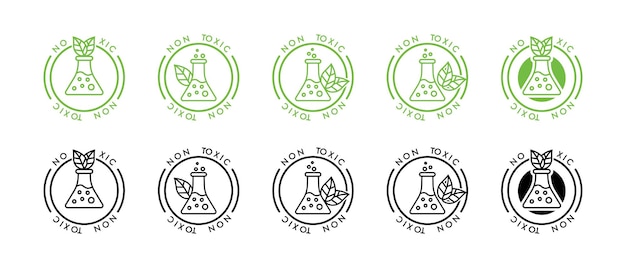 Non Toxic icon set. Set of eco badges. Non-toxic symbol. Chemical flask icon. Eco, laboratory, research and science symbol. Environmental chemistry line icon. Green care.