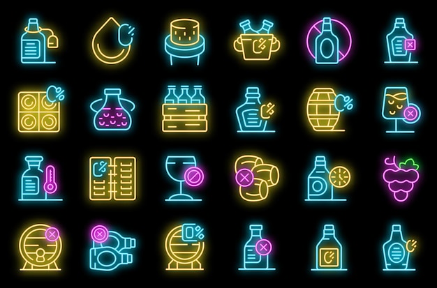 Nonalcoholic wine icons set outline vector Food menu Tropical glass neon color on black