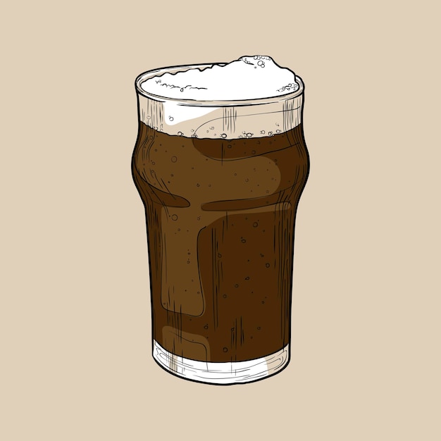 Vector nonic pint beer glass with dark beer hand drawn multicolor vector illustration