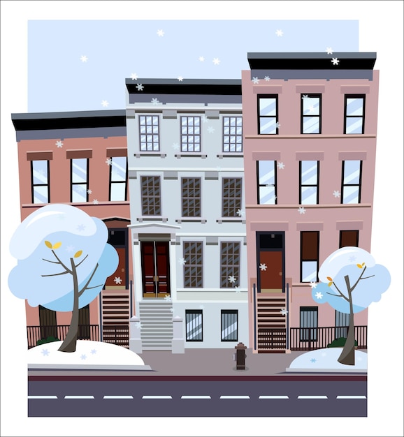 Nonlinear houses look out of the picture flat cartoon style vector winter city street tree houses fl