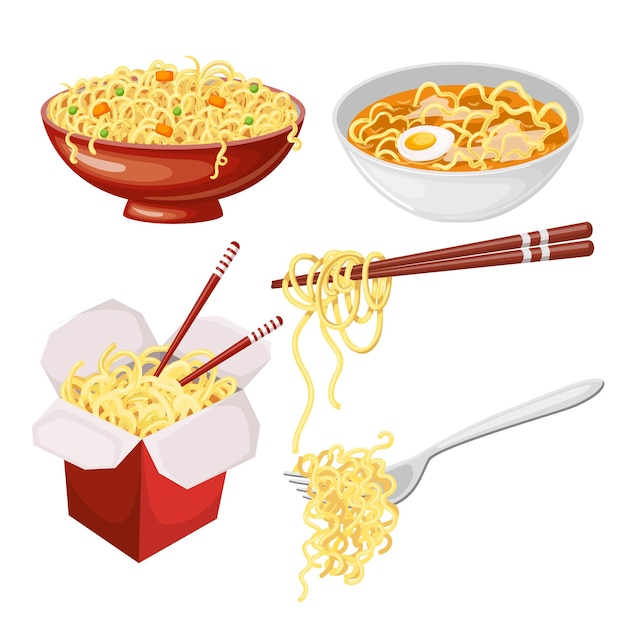 Noodle food meal chinese set cartoon vector illustration