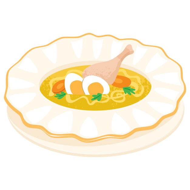 Noodle soup with chicken in an elegant plate Traditional lunch Hot liquid and nutritious foodVector illustration isolated on transparent background