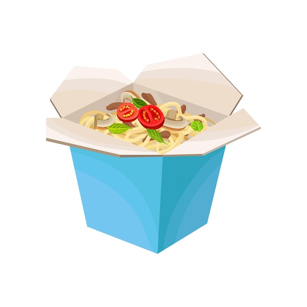 Noodles in cardboard box with mushrooms and tomatoes Takeaway food Flat vector design for promo poster or flyer