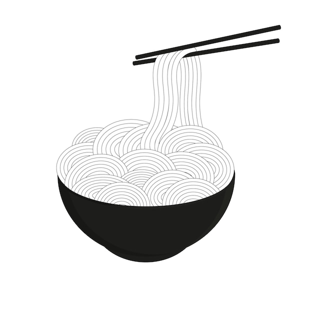 Noodles in a purple plate with chopsticks Vector Illustration Asian traditional food