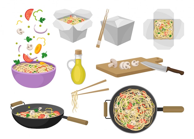 Noodles traditional oriental food.   illustration.