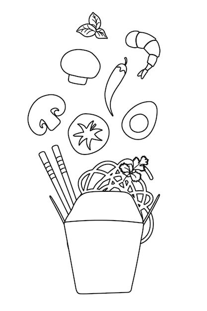 Noodles with traditional Ingredients in a wok box Vector Illustration in doodle flat style