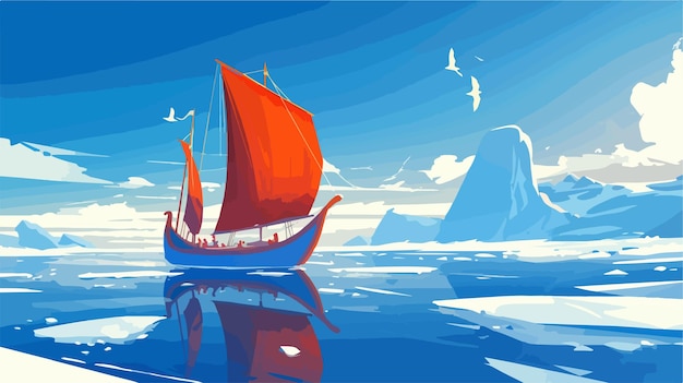 Vector nordic longship sailing through icy waters